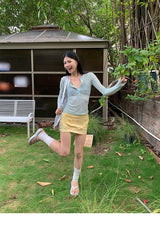 ミントグリーンボタンシースルー長袖Tシャツ