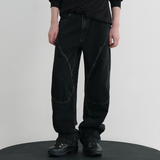 Grain Curved Seam Washed Denim Pants - BLACK