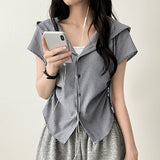 Shirin stripe side string short sleeve hooded blouse cardigan