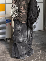 shot crack denim cargo balloon pants