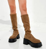 6CM PLATFORM SUEDE Y2K ROUND-TOE STRETCH CRAB-LEG ボディーシェーピングブーツ - 2 COLOR