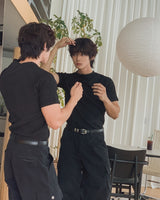 スロウリーボタンマッスルフィットリブドショートスリーブTシャツ
