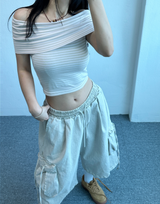 クロップストリッピードオフショルダー🤎🖤🩷💚 - 3カラーズ