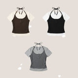 スリムフィット キッチ ホルター レイヤード ショートスリーブ Tシャツ(3 Colors)