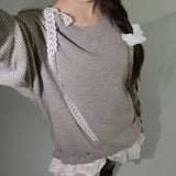 Hato Lace Ribbon Integrated Frill One-Shoulder Knitwear