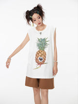 Fruit print casual loose round neck sleeveless vest.