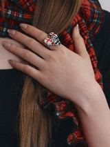 BEADED TARTAN CHECK HEART RING (WHITE)