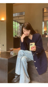 Renee Navy No Collar Round Half Coat