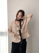 Raffel collar pocket ribbed cardigan