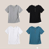 Slim Fit 🤍 Henry Neck Waist Pintuck Slit Spandex Short-Sleeved T-Shirt (4 colors)