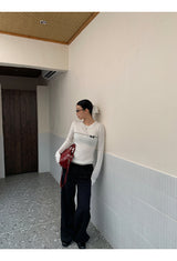 Bow Line Round Long Sleeve Knit T-shirt