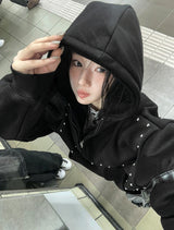 [Brushed Lining] Metallic Studded Over Hood Zip-Up