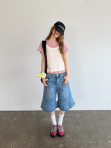 denim frill bermuda pants 