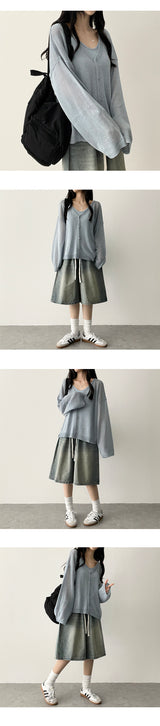 New Ring waistband vintage washed denim Bermuda shorts