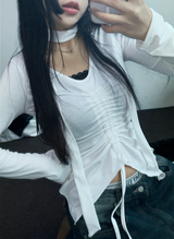 SCARF SET🧸SHRING RUFFLE SLICK POINT SLIM LONG SLEEVE T SHIRT 🧸🤍🖤🩶3COLOR