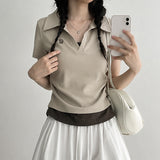 [Shirring T-shirt🤍] Open collar polo layered short-sleeve (5 colors)