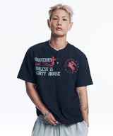 ホースレタリングヘンリーネッククロップドTシャツ - ブラック