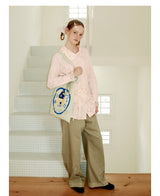 UnsocialNight2025 Autumn New Polka Dot Pleated Stitching Pink Doll Collar Loose Long-sleeved Shirt