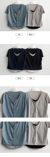 Erkin Spandex V-neck Color Layered Button Cardigan Short Sleeve T-shirt