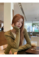 high-neck button bold ribbed loose fit knitwear