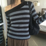 ノッキンストライプワンショルダーアンバランシードニットTシャツ
