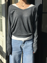 Deep V-neck see-through knit (6c)
