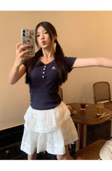 Short Sleeve Button Slim Ribbed Short Sleeve Tee