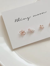 [4-Set] Pearl Flower Piercing Set / 2 Colors / Cubic Mini Pearl Spring Pink Daily Simple