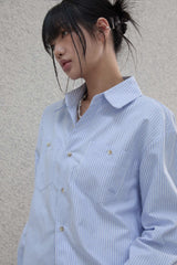 Lettering sleeve striped shirt - Blue