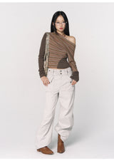 CONFUN Asymmetrical off-the-shoulder, laid-back and slimming base layer, striped knitted patchwork top
