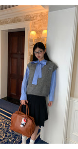 Bow V-neck Loose Fit Gray Vest