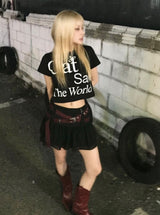Cat Save The World Crop T (Black, White)