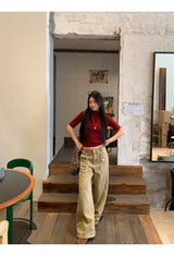 Khaki brown line wide cotton pants