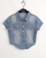 Markle Pocket Slim Washed Crop Denim Short Sleeve Shirt