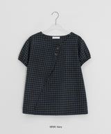 Bukanne Wool Button Check Short Sleeve Blouse - Wool 50%