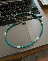[HANDMADE] Aqua stone pearl necklace