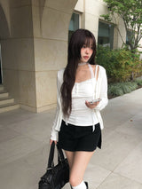 [Muffler set] Renu Cardigan Shirring Button Sleeveless Set
