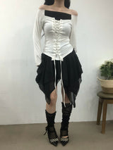 リボンコルセットオフショルダーTシャツ