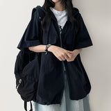 スプンリネンストリングボクシー半袖フーディドジップアップ
