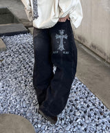 Cross Print Curved Ballon Denim_Black