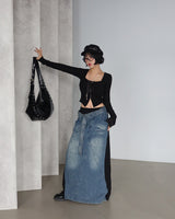 denim coloring belt SET maxi long skirt