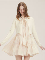Peach puff ribbon neck shirt button dress