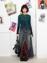 Denim patchwork checked fishtail skirt