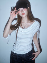 Meow Summer draping shrring Boat neck Top