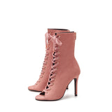 Suede Lace-Up Open Toe Heel(Pink)
