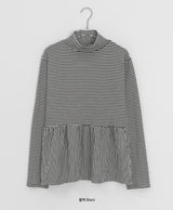 ホカム裏起毛ボーダーフリルタートルネックTシャツ