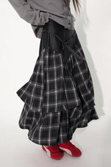 Asymmetrical drawstring patchwork plaid versatile and playful midi skirt