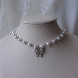 バタフライフェアリーパールチョーカーネックレス - Silver Color