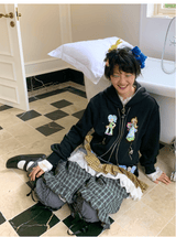 sillysis 青いチェック柄のレースドローストリングポケットパンツ、ゆったりデザイン、金属ボタン、ワイドレッグカジュアルパンツ