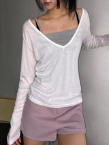 City Girl Sheer Deep V-Neck Knit Top 8color